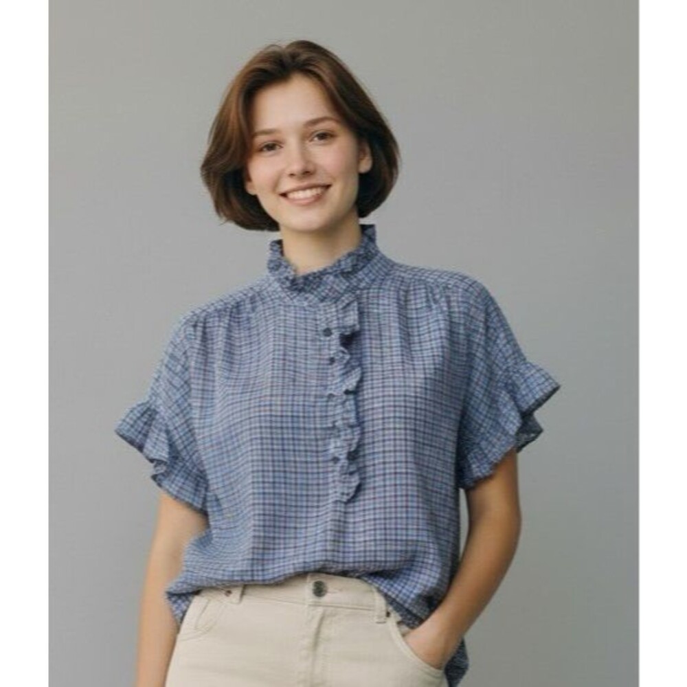 Xirena NEW womens blouse ruffle neck short sleeves checked blue/rust/white Small